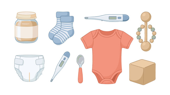 flat lay baby essentials set with clothing diapers and wooden toys on pink background