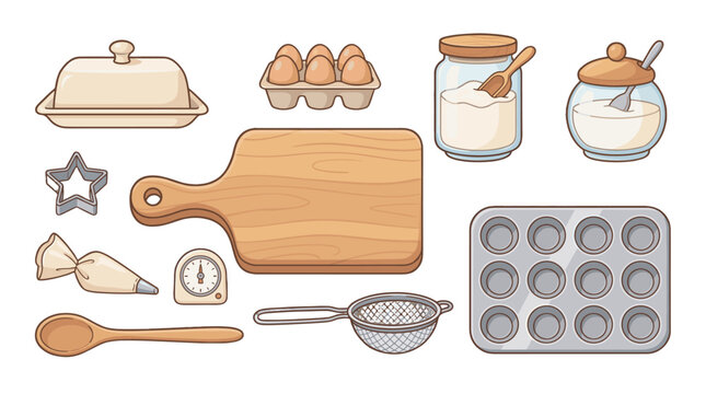 flat lay baking ingredients and tools on wooden board with eggs and milk