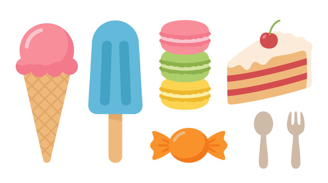colorful flat lay dessert collection with ice cream macarons cake and candy