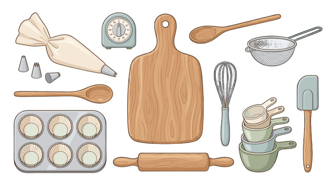 flat lay baking tools and ingredients on wooden cutting board with dough