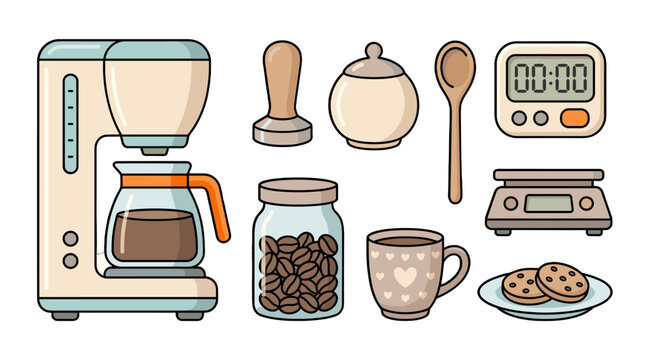 flat lay morning coffee setup with cookies and kitchen timer illustration
