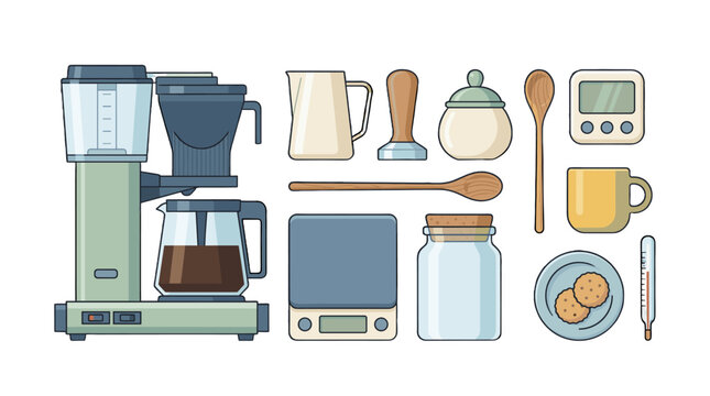 flat lay coffee brewing essentials with kitchen accessories and timer