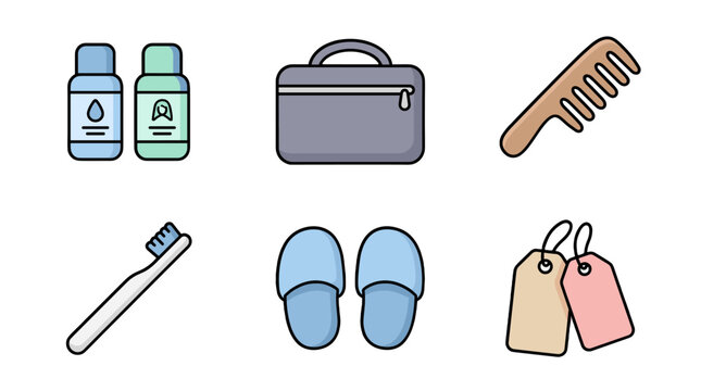 flat lay travel essentials set with toiletries and slippers on neutral background