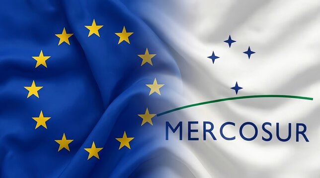 
Flags of the European Union and Mercosur waving together, representing the conclusion of the trade agreement.