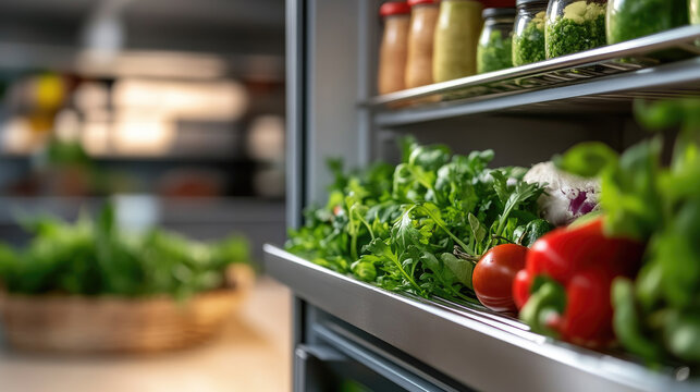 Fresh produce organized on supermarket refrigerator shelves, offering healthy ingredients for balanced nutrition, dietary wellness, and clean eating lifestyle choices