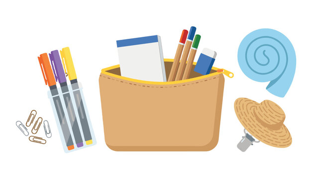 back to school essentials flat lay with notebook and colorful stationery