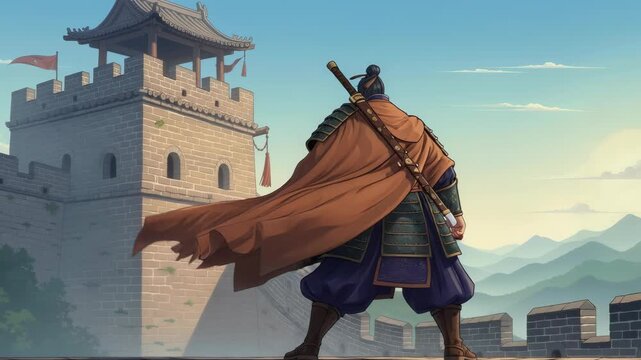 A Stoic Samurai in Ornate Dark Armor Stands Atop a Stone Fortress Wall as His Long Cape Billows in the Wind, Capturing a Moment of Solitude and Strength in this Ancient Feudal Landscape View.