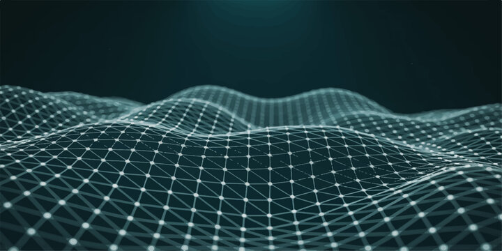 An abstract blue wave background featuring a fractal grid pattern and light motion represents a seamless transition through a virtual reality cyberspace or science-inspired mathematical universe