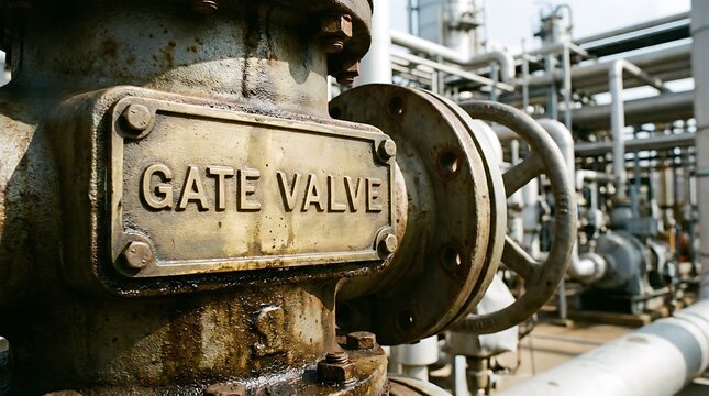 Close up industrial gate valve with pipelines at processing plant.