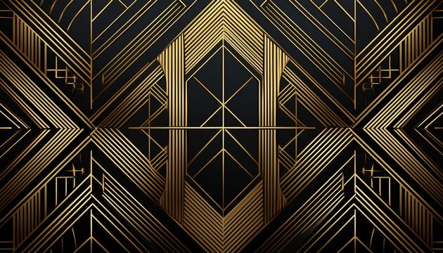 art deco geometric pattern gold lines black background