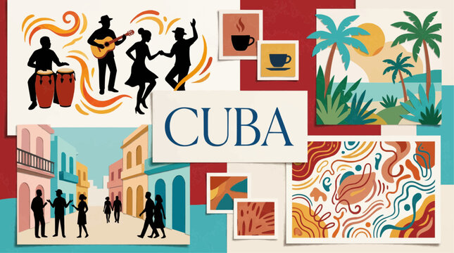 Colorful Cuba Travel Poster Collage with Tropical Landscapes Traditional Musicians and Colonial City Architecture Illustrations