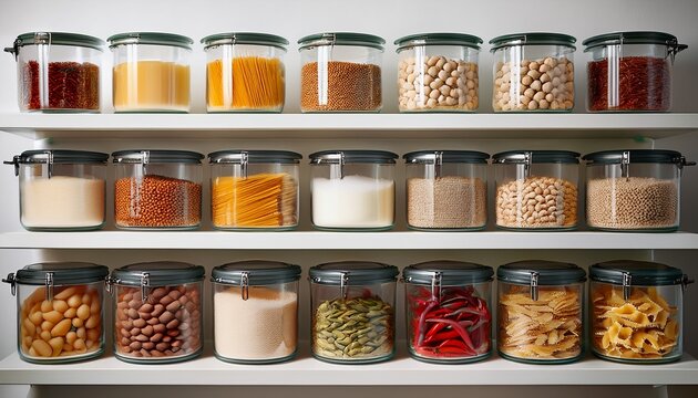 pantry organization with transparent containers neatly arranged on white shelving featuring assorted dry pasta grains legumes and chiles in an orderly system for modern kitchen efficiency