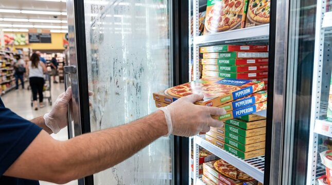 Grocery store worker wearing gloves placing boxes of frozen pepperoni pizza into a glass door freezer