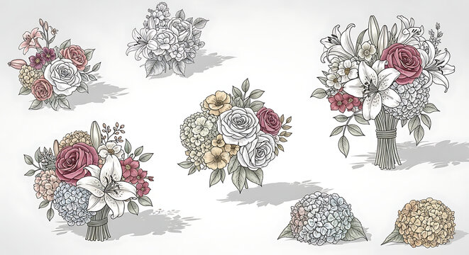 Collection of decorative floral arrangements, rose bouquets, and small flower clusters in vintage muted colors, ideal for wedding invitations or elegant stationery design