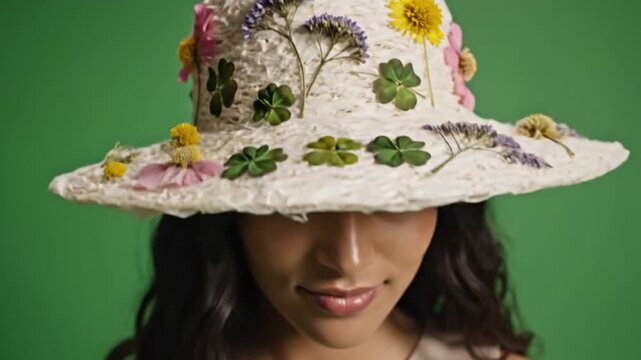 Woman wearing floral hat smiling.