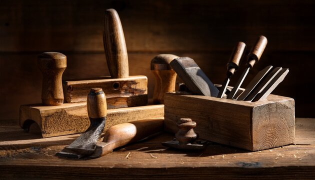 japanese wood working tools on an old rustic work table vintage japanese block planes chisels and hammers in light and shadow