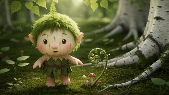 A whimsical forest sprite with mossy green hair and a leaf clad body stands in a sunlit birch grove, capturing the enchanting beauty of a magical woodland creature within a serene nature setting.