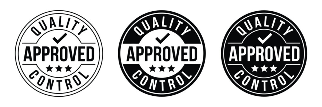 Quality Control Approved Badge Set, Tested Product Logo, Sticker, Stamp, Banner, and Circle Label Icons in Black Line Flat Vector Style for Packaging Design