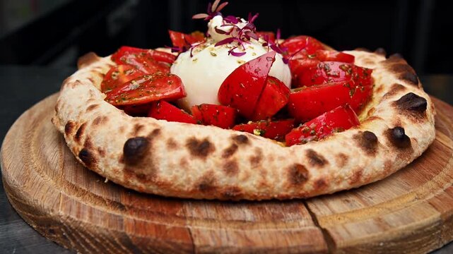 Cheese burrata focaccia topped with fresh tomatoes on wooden serving board