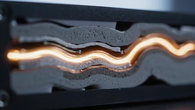 Cinematic macro view of a solid-state battery cell's layered cross-section, showing warm amber energy flowing for efficient charge transfer.