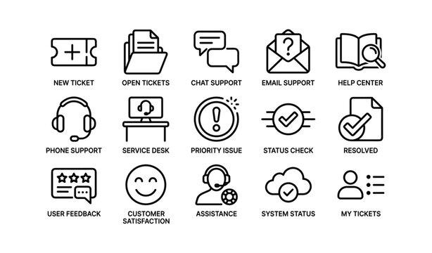 Customer support and ticketing icons for service interface
