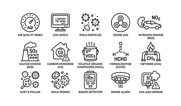Air quality icons showing pollutants sensors and detection devices