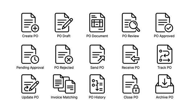Purchase order process icons showing document workflow steps