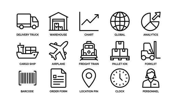 Logistics and transport icons arranged in grid layout display