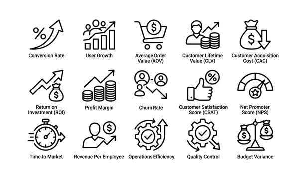 Business performance icons illustrating metrics and kpis