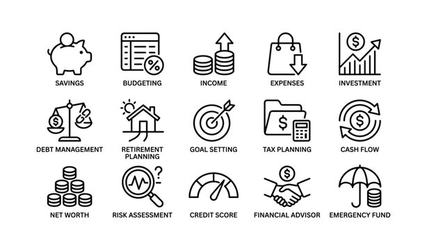 Finance and personal money icons showing planning and growth