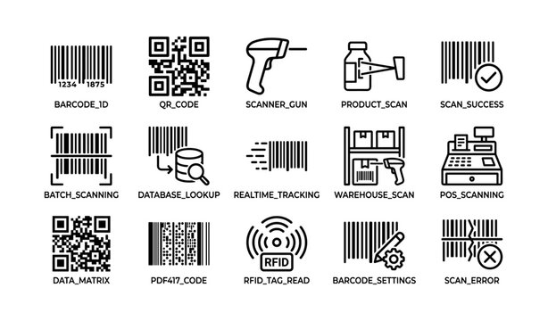 Barcode and scanning icons illustrating scan workflows in grid