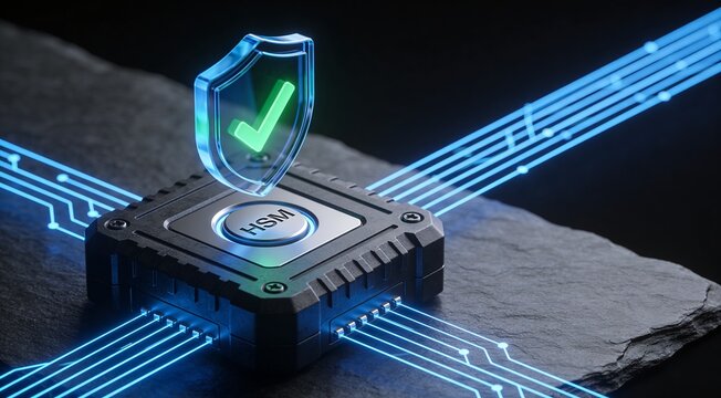 Hardware Security Module cybersecurity background with rugged matte black HSM, blue secure interface, verification shield icon and dark slate copy space for zero trust and encryption marketing
