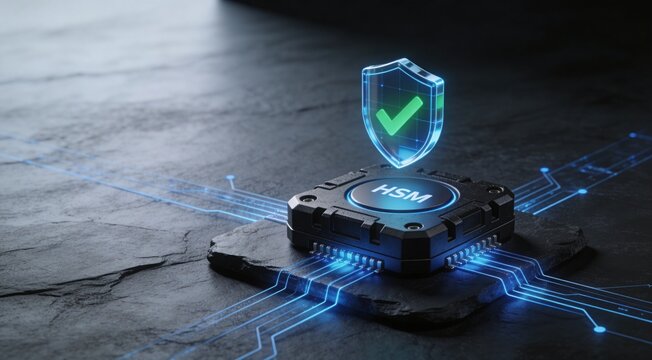 Enterprise encryption and key management background featuring a rugged Hardware Security Module on dark slate with premium blue security lines and verification shield for trust and compliance use
