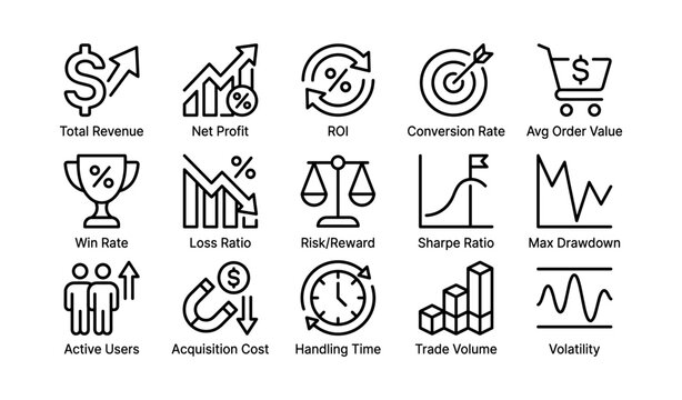 Financial and performance metric icons arranged in a grid