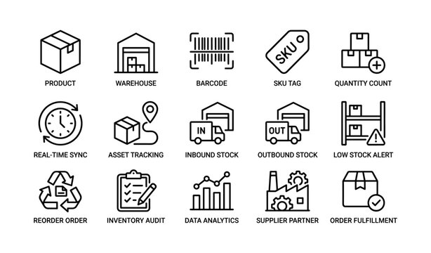 Warehouse and inventory icons arranged in a grid on white