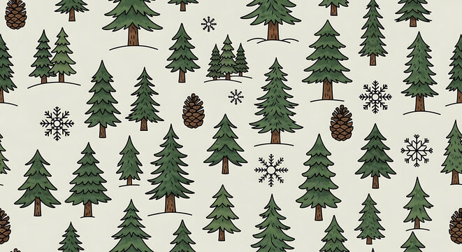 repeating pattern of hand-drawn pine trees and snowflakes on a light beige background, winter forest theme, suitable for holiday decor and fabric