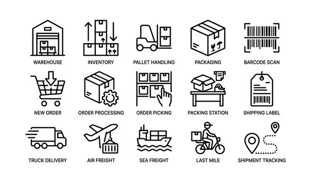 Warehouse icons showing order fulfillment processing and shipping
