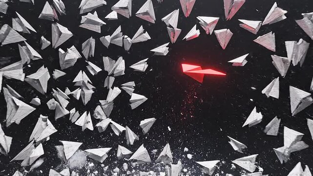 "Show a bold red paper airplane standing out among scattered white planes, symbolizing individuality, uniqueness, leadership, and creativity against a dark contrasting background."