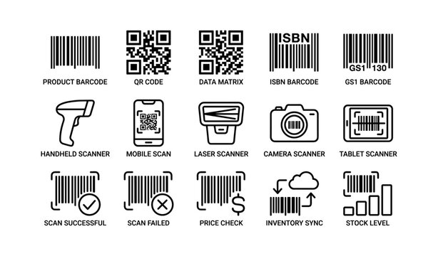 Barcode and scanning icons showing tools and inventory symbols