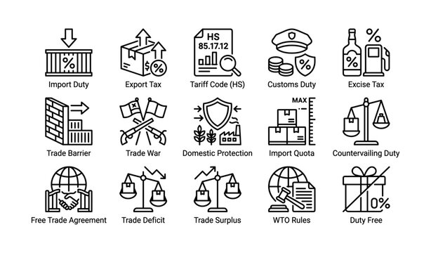 Trade and tariff icons showing taxes and trade policy terms