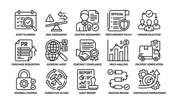 Audit and procurement icons showing vendor selection and review