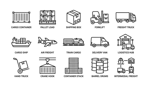 Cargo and transport icons showing freight vehicles and containers