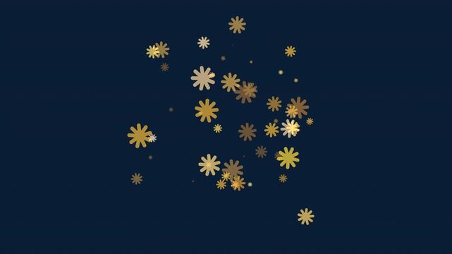 Abstract golden and beige flower shaped confetti particles drift and swirl across a dark blue background, festive decorative motion suitable for holiday and celebration designs