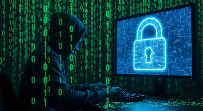 Hacker working on computer with glowing blue padlock on screen and green binary code overlay, representing cybersecurity