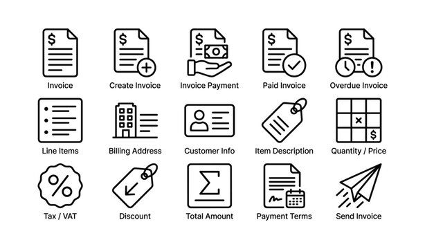 Finance icons for invoice actions and billing on white background
