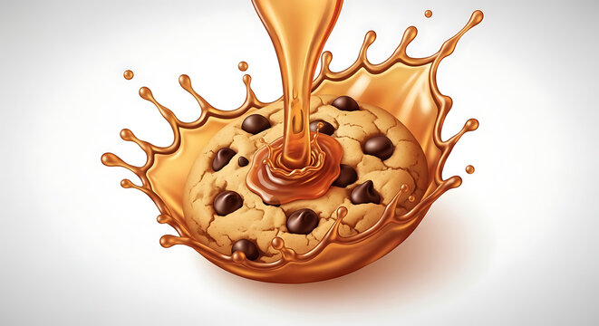Chocolate chip cookie with a splash of caramel sauce, sweet confectionery, dessert, and treat.