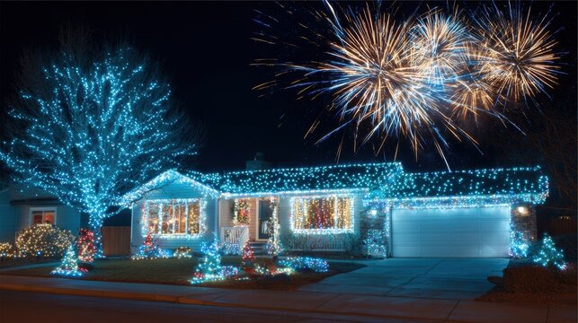 Holiday celebration event. A house adorned with festive Christmas lights, illuminated against a dark night sky illuminated by fireworks. The house is surrounded by trees, plants, and a pathway.