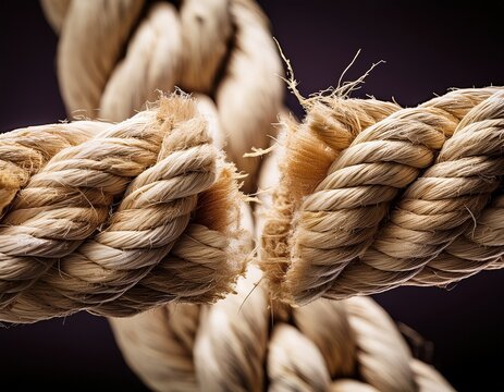 thick natural fiber rope shows clear evidence of a severe break in the middle section