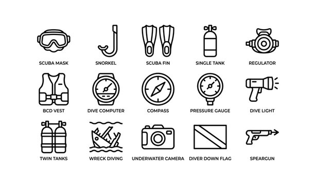 Scuba and diving equipment icons displayed in grid layout