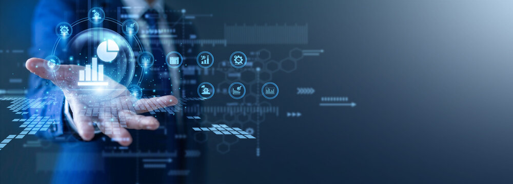 Data scientist finds trends. Analyst with a glow the hand Statistical Analysis network chart. Quantitative modeling and probability tests provide accurate forecasts for business growth.